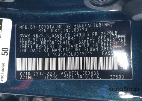 2020 Toyota Camry Le Hybrid z USA, uszkodzony, nr VIN 4T1C31AK3LU019712